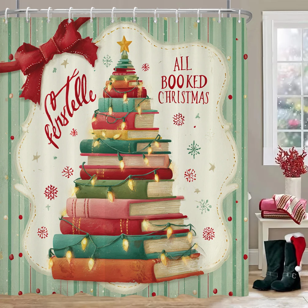 

Christmas Lighted Tree Shower Curtain, Bathroom Decorative Shower Curtain, home decoration Merry Christmas Curtain with Hooks