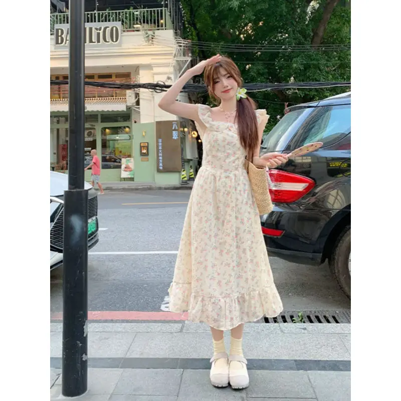 150cm Petite girls French Sweet Pleated Embroidered Dress Women Waist Retraction  A-line Mid-length Floral Dress Summer XS