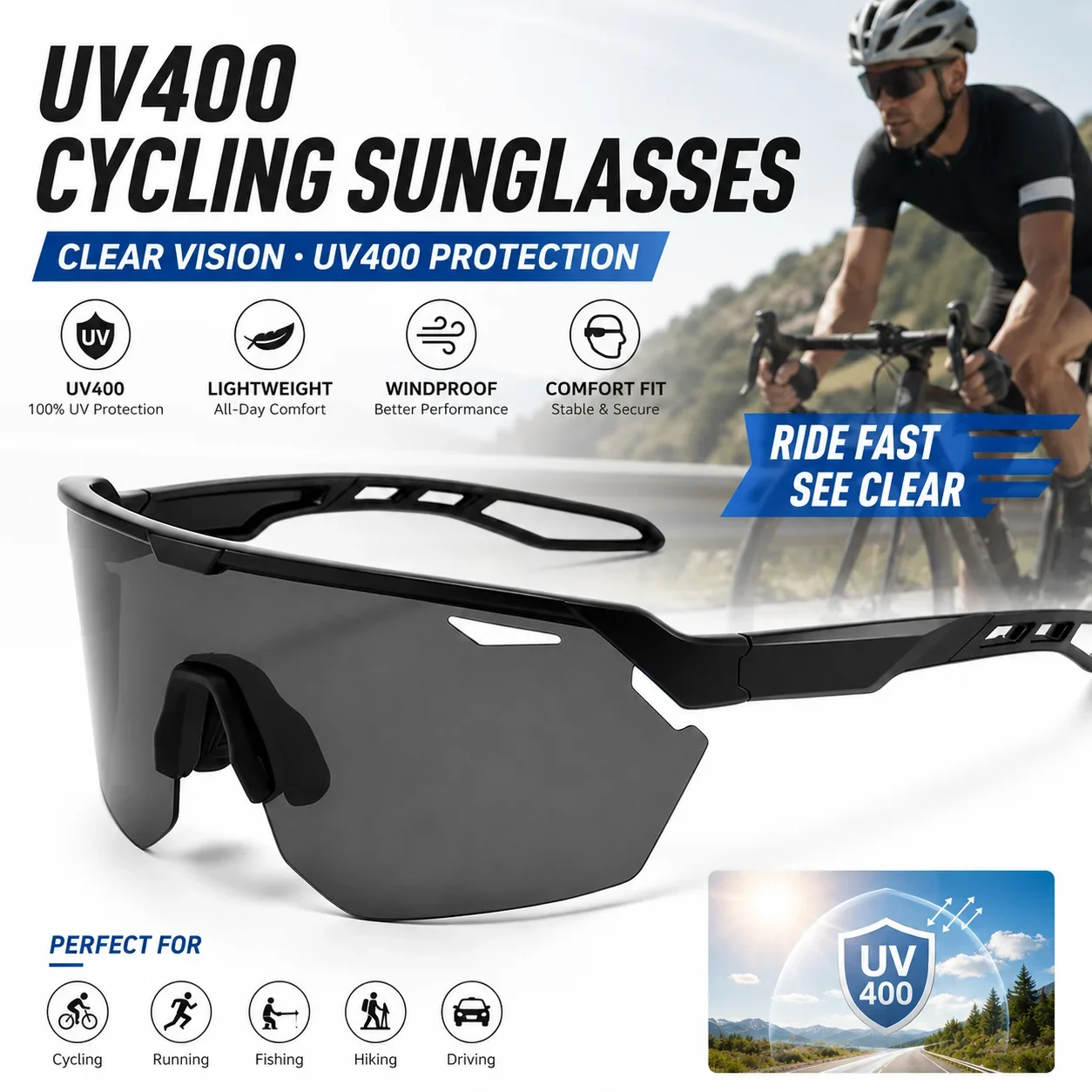 Lunettes de soleil de cyclisme UV400, coupe-vent, légères, avec branches creuses, pour sports de plein air, course à pied, conduite, vélo, pour hommes et femmes