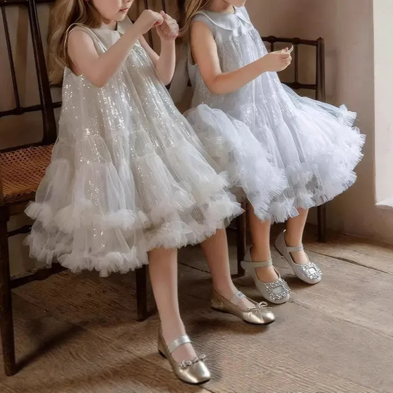 

Girls Sequin Tulle Princess Dress Luxury Peter Pan Collar Fluffy Casual Fashion for Carnival Birthday Performance Clothes