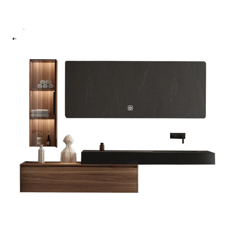 Custom black hotel bathroom washbasin with melamine board paint, modern design, large storage cabinet MDF structure