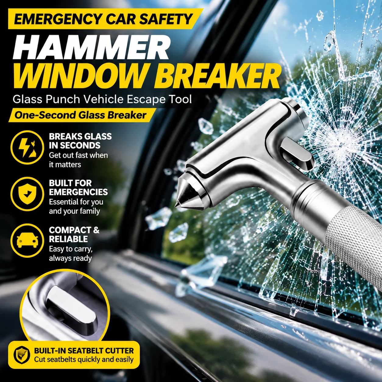 Emergency Car Safety Hammer Window Breaker Glass Punch Vehicle Escape Tool One-Second Glass Breaker