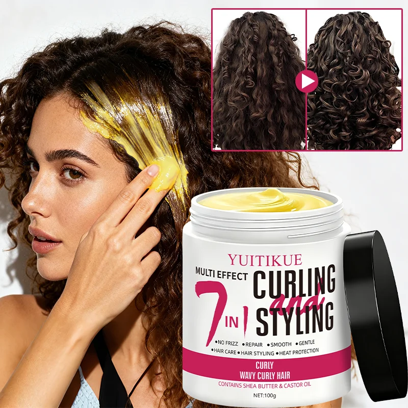 YUITIKUE 7-in-1 Curling & Styling Cream 100g with Shea Butter & Castor Oil for Curly Wavy Hair Care