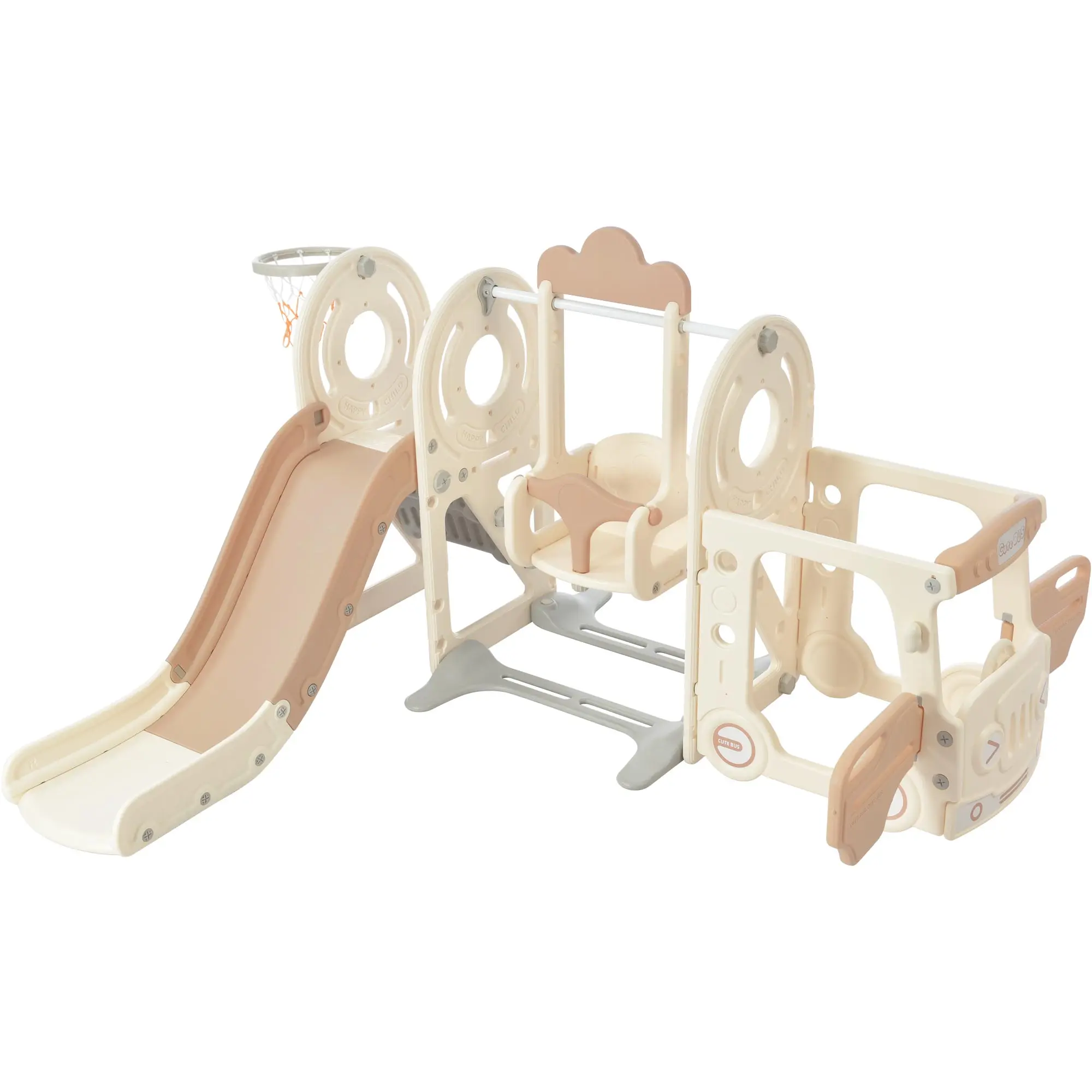 Kids 'Swing N-Slide com estrutura de jogo de ônibus, brinquedo autônomo com slide e swing para crianças pequenas, conjunto de slides com basquete Ho