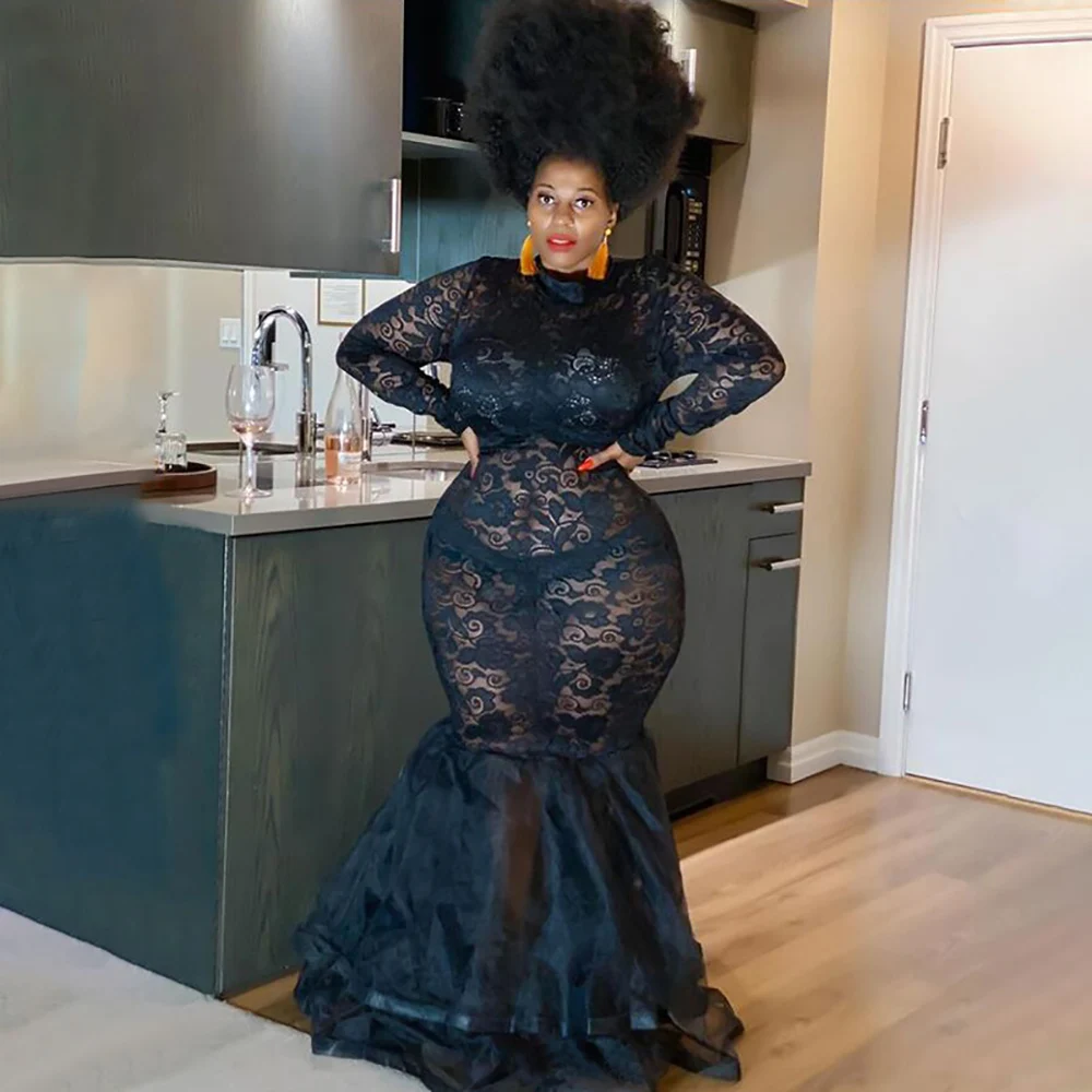 Sexy Sheer See Through Floral Lace Evening Maxi Dress Mock Neck Long Sleeve High Waist Bodycon Party Mermaid Dress Wedding Gown