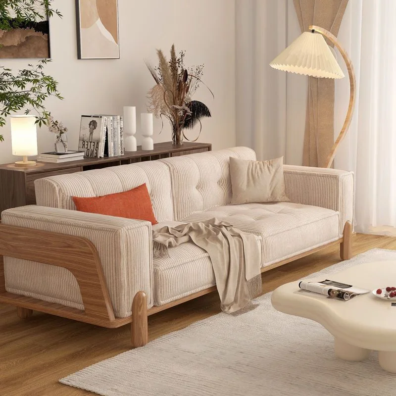 Bedroom solid wood sofa simple modern living room small apartment three people Nordic log color cream style fabric sofa