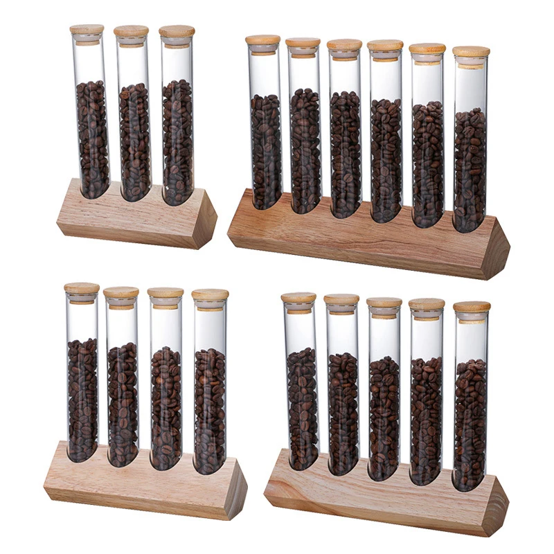 Wooden Coffee Beans Display Rack Stand Flower Tea Storage Jar Sealed Bottle 150ml Transparent Glass Test Tube with Cork Stopper