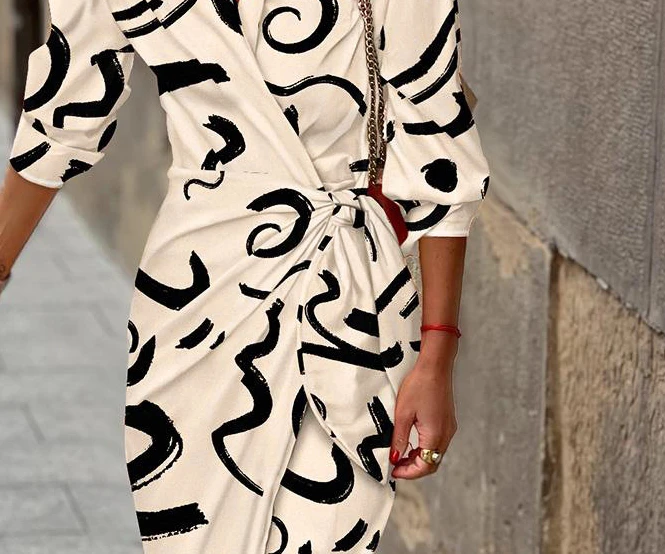 Damen-Hemdkleid mit abstraktem Druck, langärmelig, gebundenes Detail, hohe Taille, langes Sommerkleid, lässiges Modekleid