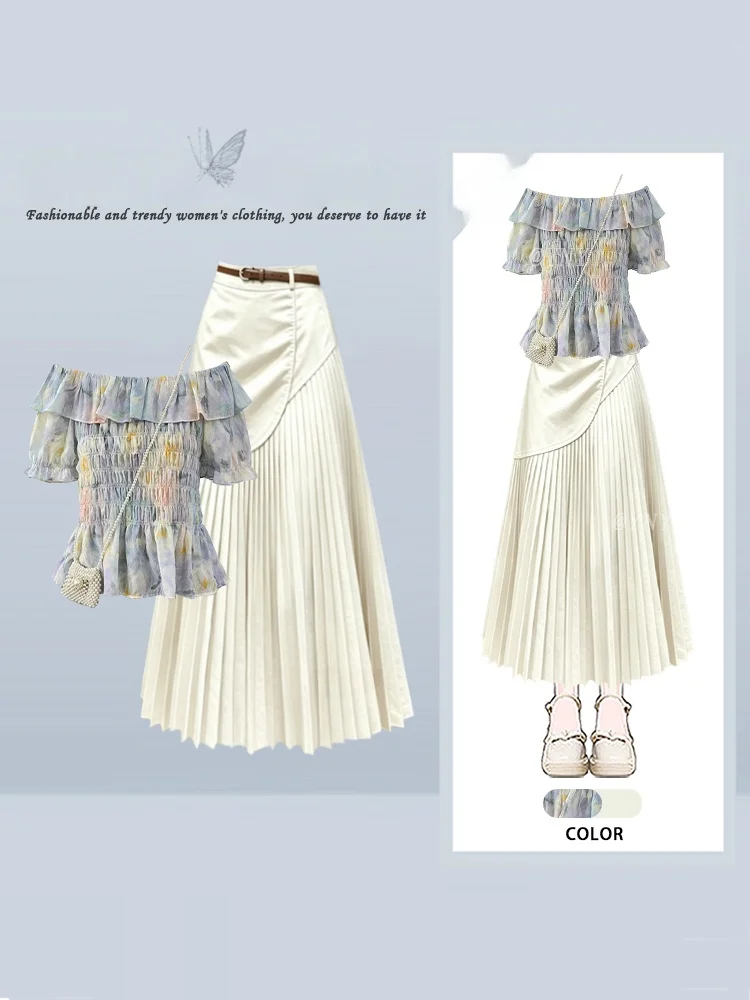 Sweet Lace Trim Bubble Sleeve Shirt A-Line High Waist Pleated Skirt Two Piece Set Women's Summer Korean Style Fashion Set