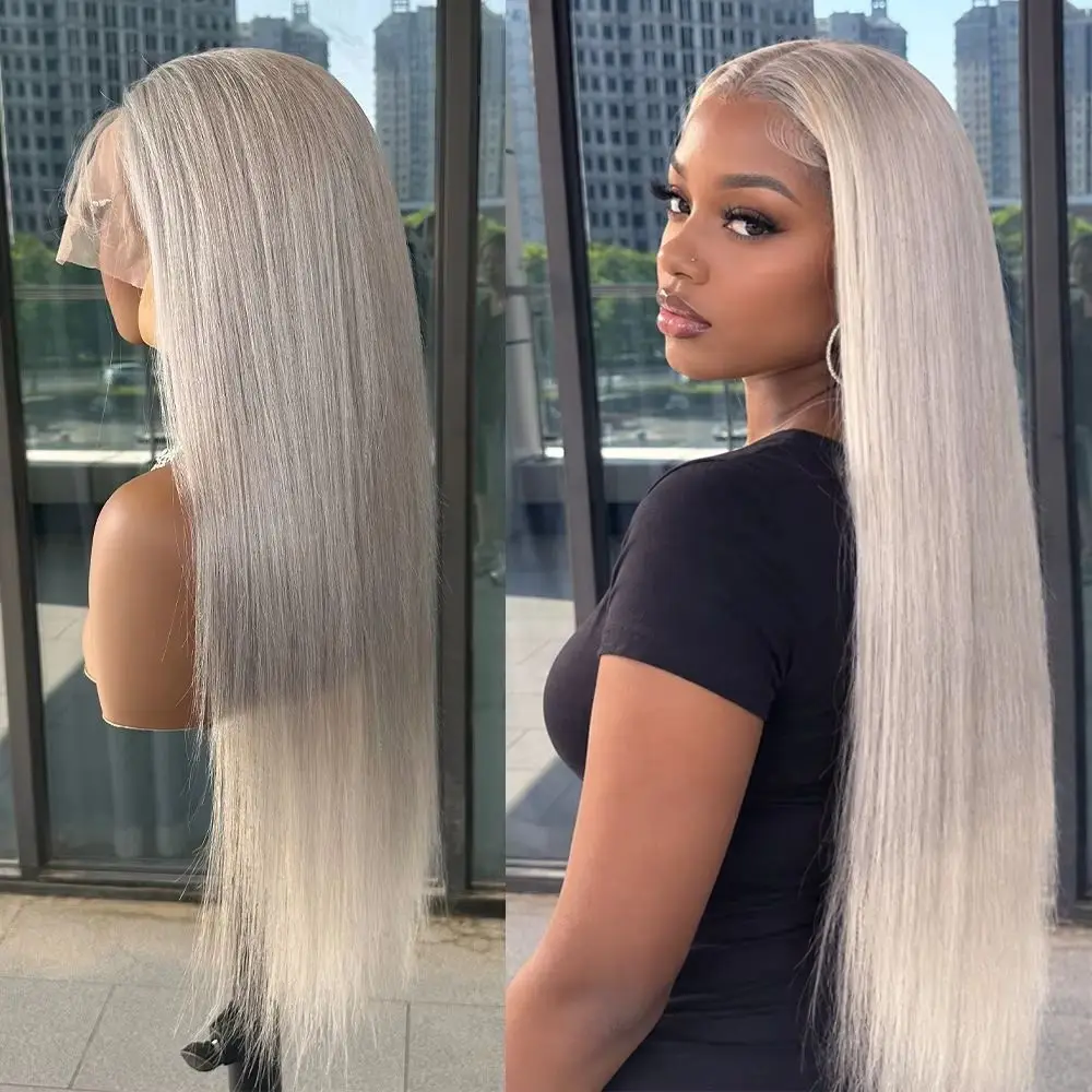 100% Human Hair Sliver Grey Bone Straight 13x4 HD Lace Frontal Human Hair Wigs Grey Pre Plucked Lace Wigs For Women 180%