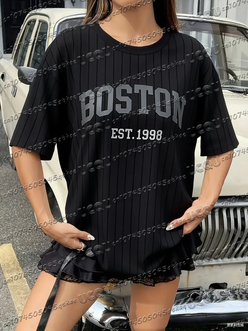 

Women Round Neck Short Sleeve Summer Stripe Boston Print Casual Tees Sports Football Jersey Y2k Men's T-shirt Tops