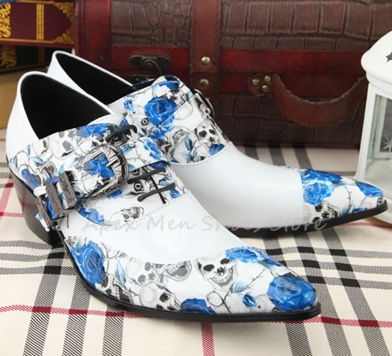 Vintage White Pointed Toe Floral Print Brogues Lace Up Handmade Dress Shoes Men's Buckle Strap Casual Business Oxford Shoes