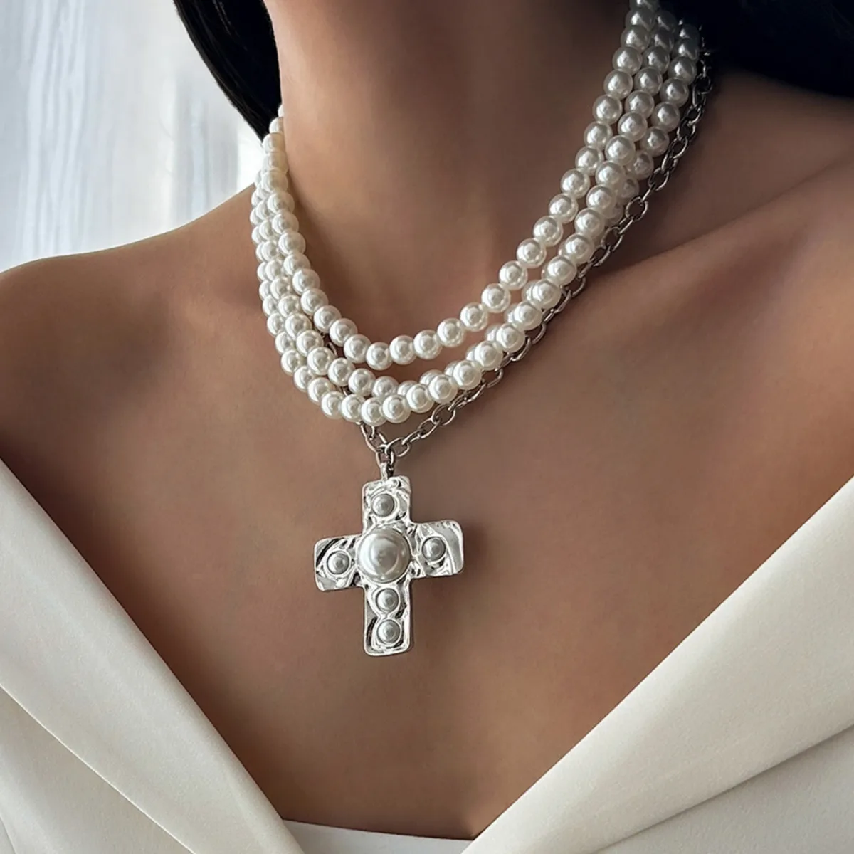 

Salircon Trendy Desgin Lava Cross Pendant Choker Women Necklace Charm Elegant Multilayer Imitation Pearl Chain Necklace Jewelry