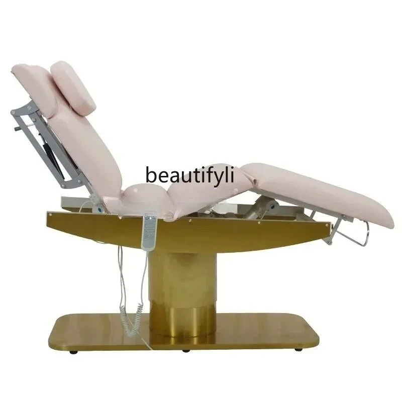 

Multifunctional beauty bed Electric lifting pattern embroidery micro-finishing treatment bed Gold base for beauty salon