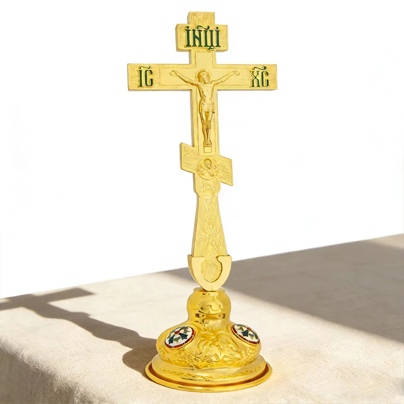 

Durable Gold-Plated Orthodox Standing Crucifix with Green INRI Inscription Decorative Enamel Base for Church Liturgy and Home