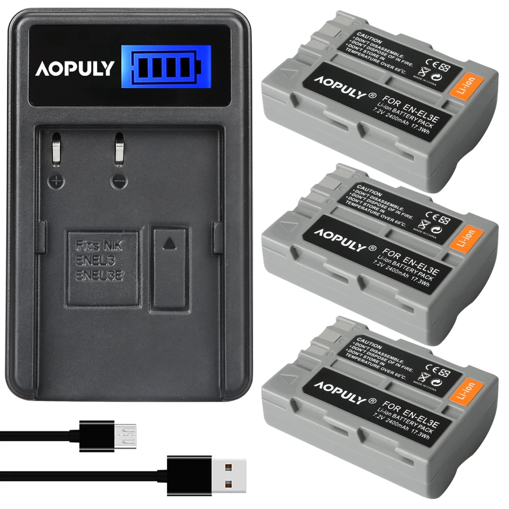 

AOPULY 3Pcs EN-EL3E ENEL3E EN EL3e Camera Battery + LCD USB Charger for Nikon D300S D300 D100 D200 D700 D70S D80 D90 D50 MH-18A