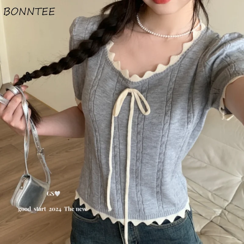 

Pullovers Women Short Sleeve Summer Sweet Bow Contrast Color All-match Knitted Tops Slim Korean Style 2024 Faddish Girlish Soft