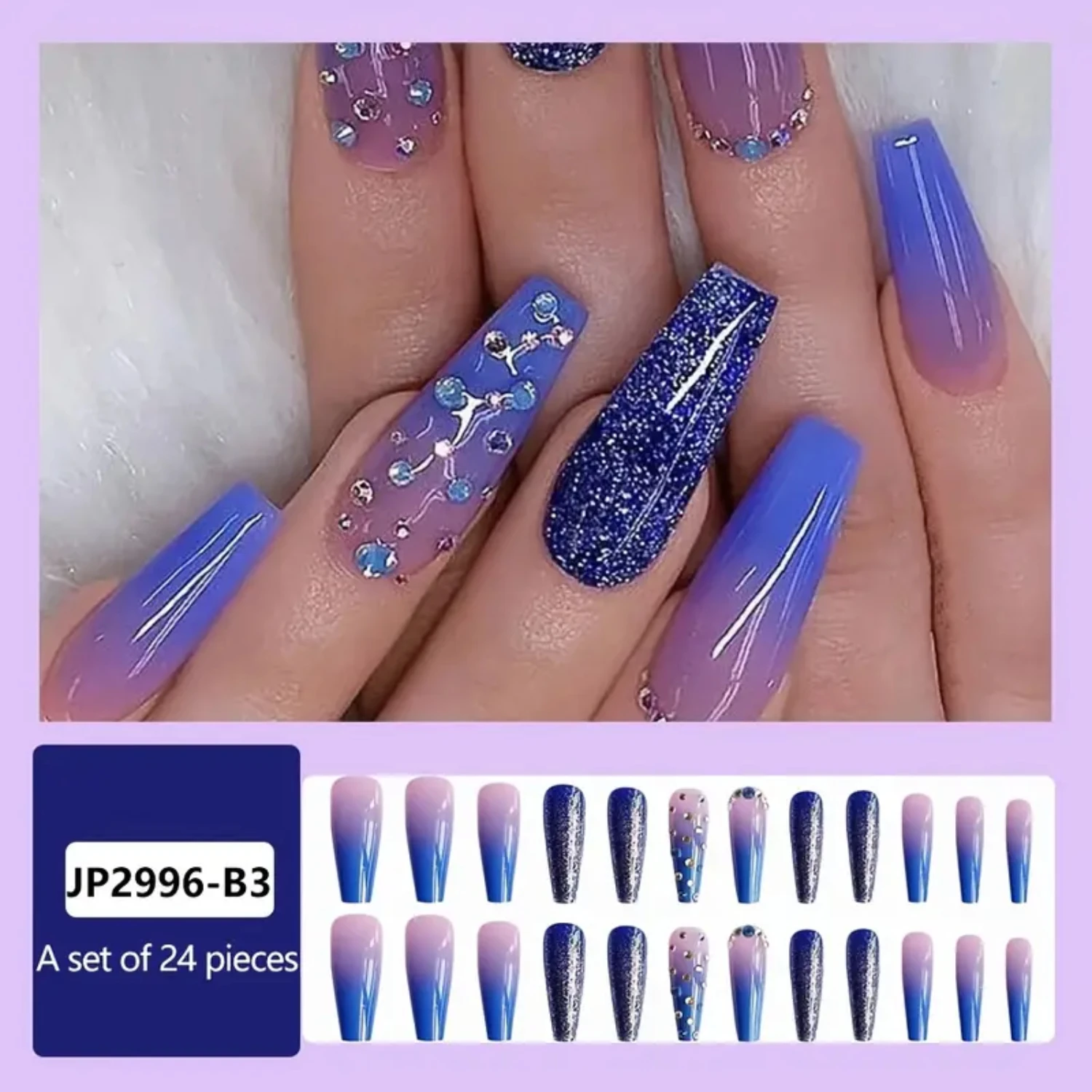 Blue Sparkly Rhinestone Long Coffin Stick On Nails for Women - Trendy Press On Nails Zestawy do paznokci Nail display tips Toe paznokcie Gel x