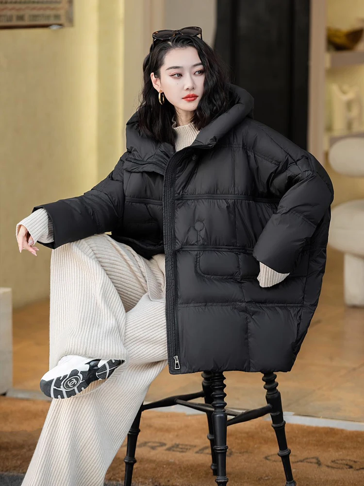 Doudoune à manches chauve-souris pour femme avec capuche, manteau matelassé surdimensionné, style chinois, monochrome, chaud, streetwear, hiver, 2024, DJ048