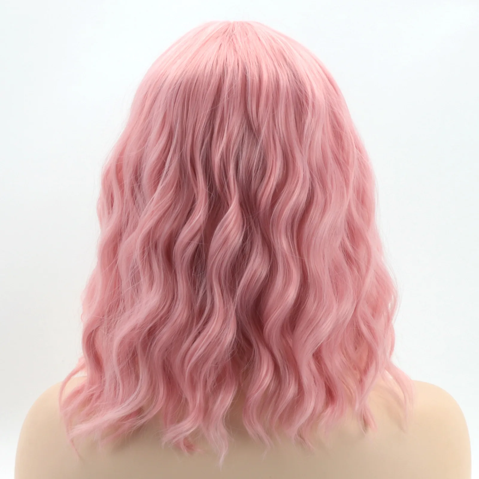 Synthetische Water Wave Haar Pruiken met Pony Vrouwen Roze Bob Pruiken Kort Krullend Hittebestendige Dagelijkse Feestpruik