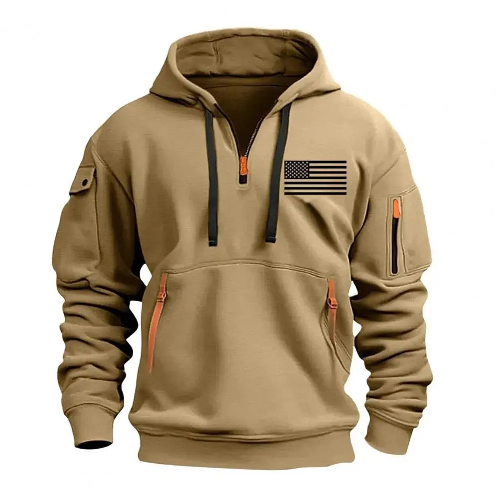 Fleece Pullover American Flag Pattern Men's Fitness Hoodie with Plush-lined Hood Multi Pockets for Travel Work Spring Fall