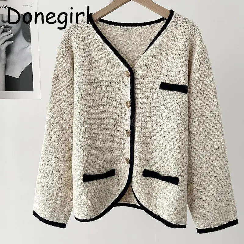 Donegirl 2024New Women Spring Fashion V-neck Single-breasted Knitted Sweater Coat Commute Casual Temperament Cardigans Tops Chic