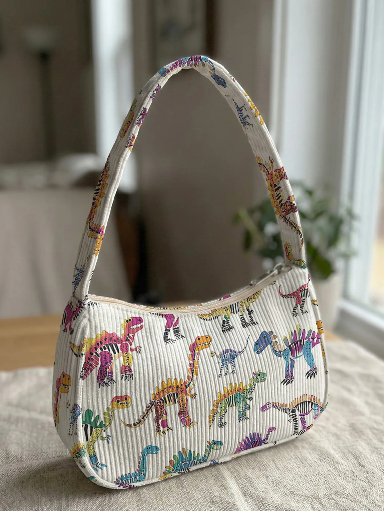 Trendy Colorful Dinosaur Print Shoulder Bag, Corduroy Underarm Bag for Daily Casual Use