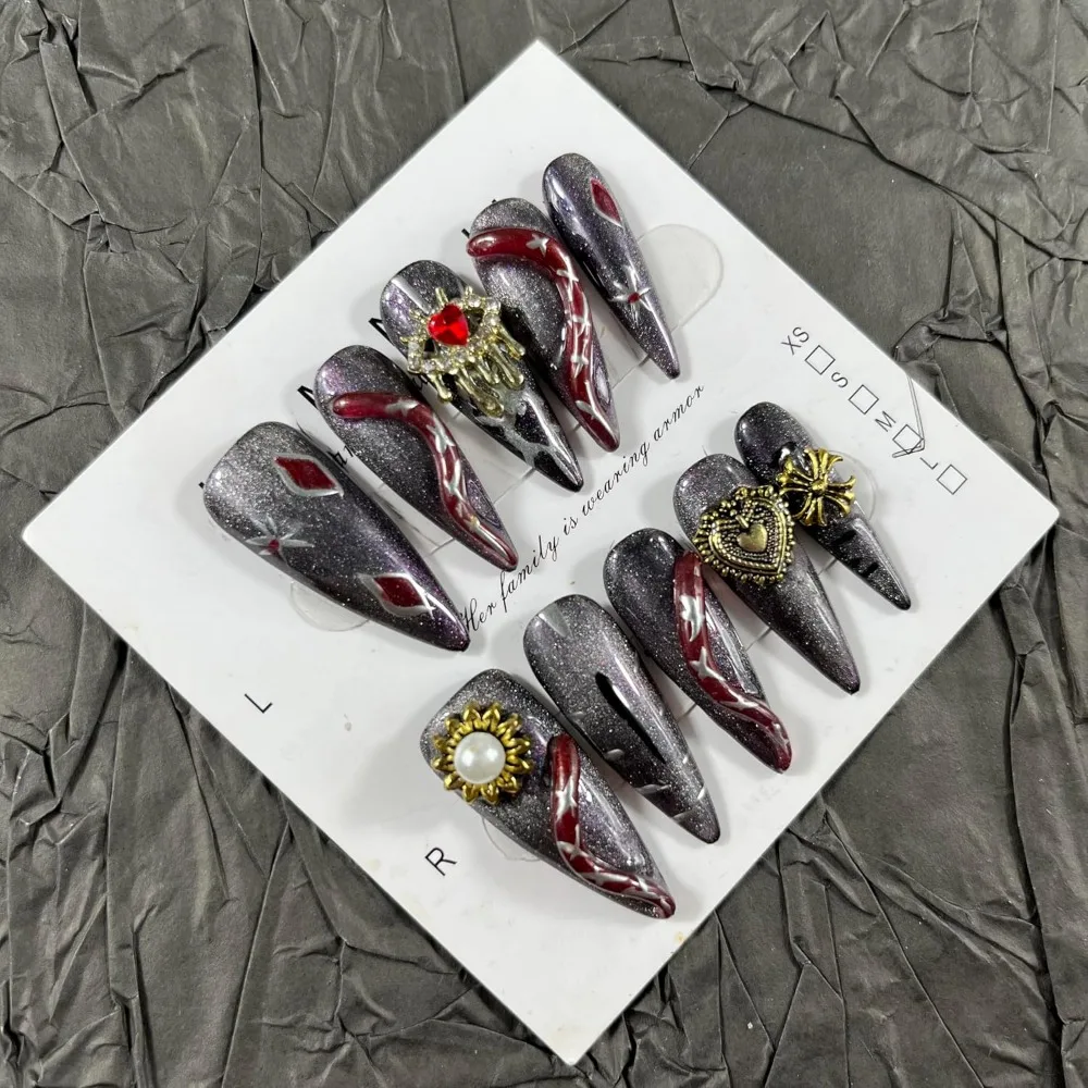 Handmade 10Pcs Dark Gothic Style Press on Nails for Women's Parties and Holidays