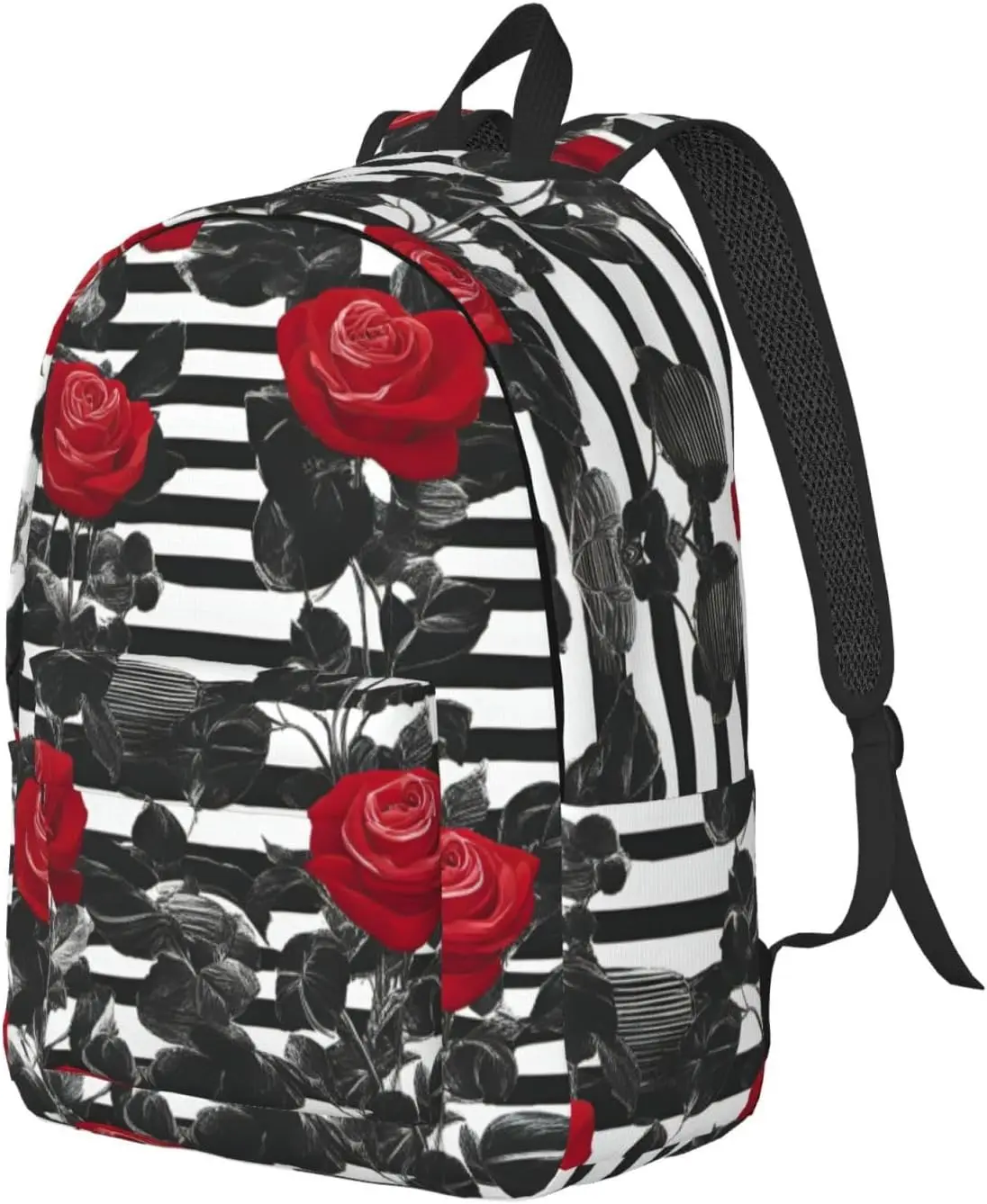 Black White Stripes Red Rose Flowers Print Stylish Canvas Backpack,Travel Backpack With Pockets,For Hiking And Daily Use