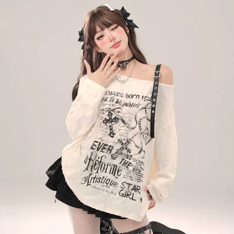 

American Moda Vintage Fashion Sexy Off The Shoulder Loose T Shirt Harajuku Gothic Print All Match Tops Y2k Aesthetic Women Tees