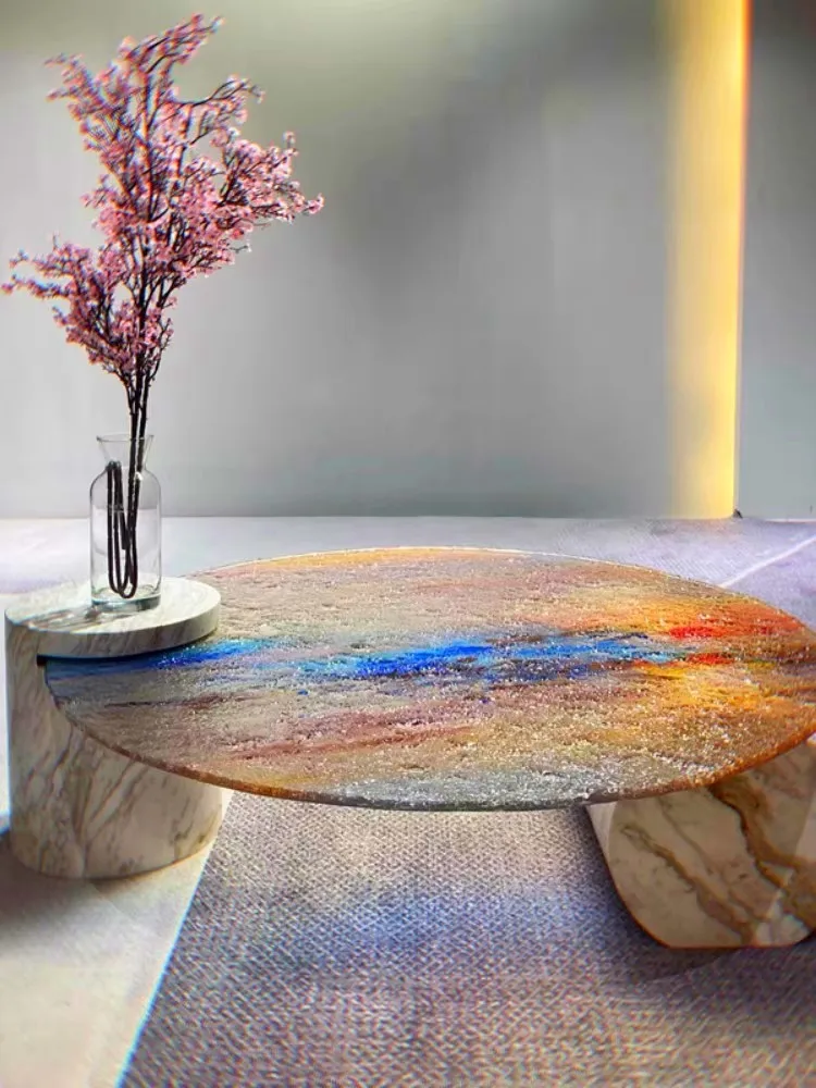 Water ripple, coffee table, round, tempered glass, light luxury, Italian, minimalist, marble, small apartment, modern