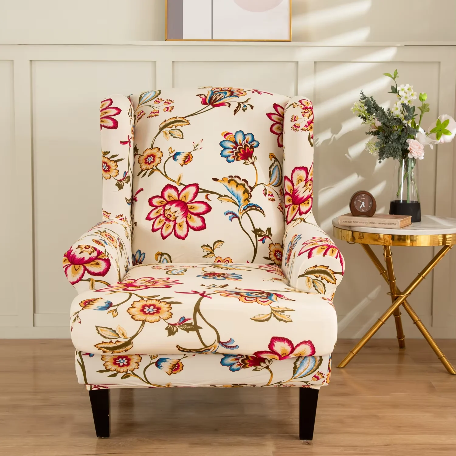 

Spandex Stretch Wing Chair Cover Floral Printed High Back Armchair Covers Elastic Relax Sofa Slipcovers with Cushion Cover