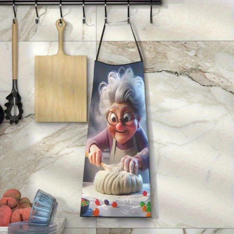 1pc Fun Granny Noodle Cartoon Kitchen Apron - Durable Polyester Unisex Apron for Cooking, Baking, BBQ, Gardening & Crafts - Easy