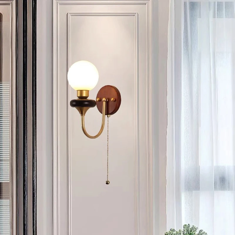 French Retro Wall Lamp Simple Bedroom Bedside Medieval Living Room Background Study Aisle Solid Wood Lighting