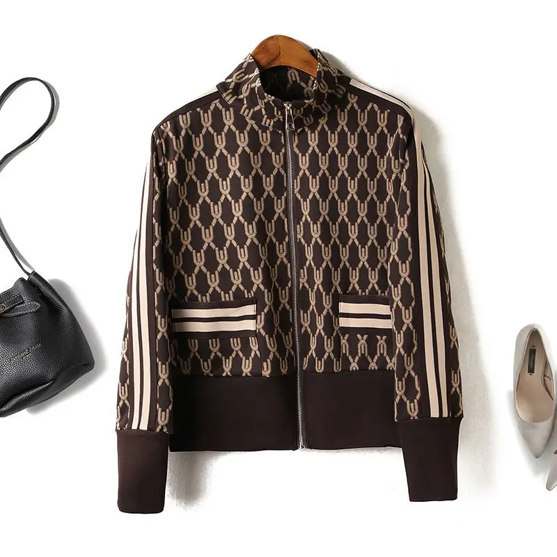 

French original striped printed jacket jacket with thread splicing to show thin bomber jacket women