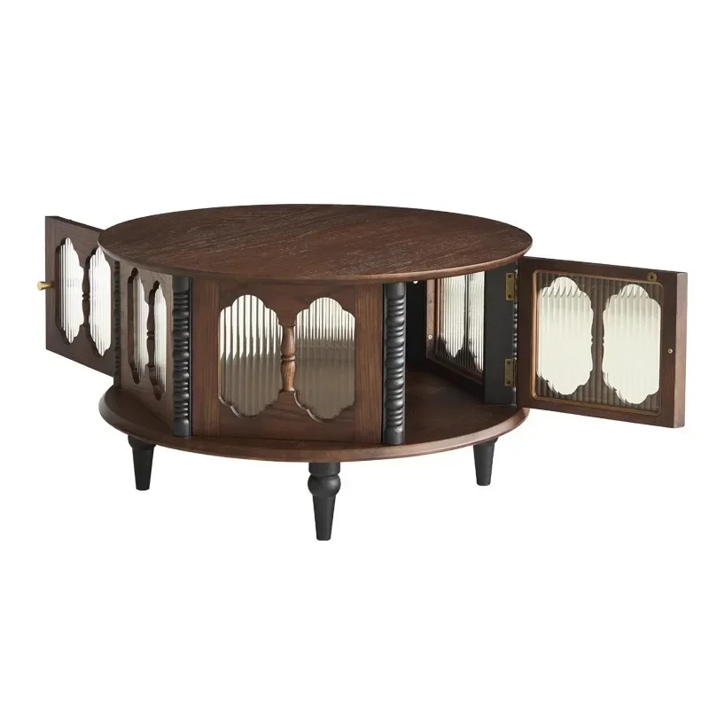 

Retro solid wood round coffee table, Changhong glass medieval small apartment living room