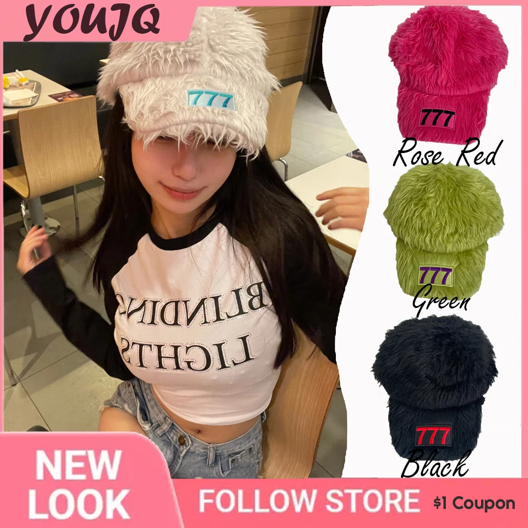 Y2K Number 777 Colorful Embroidery Long Plush Baseball Hats for Women Men Autumn Winter Street Hipster Fur Truck Cap Female