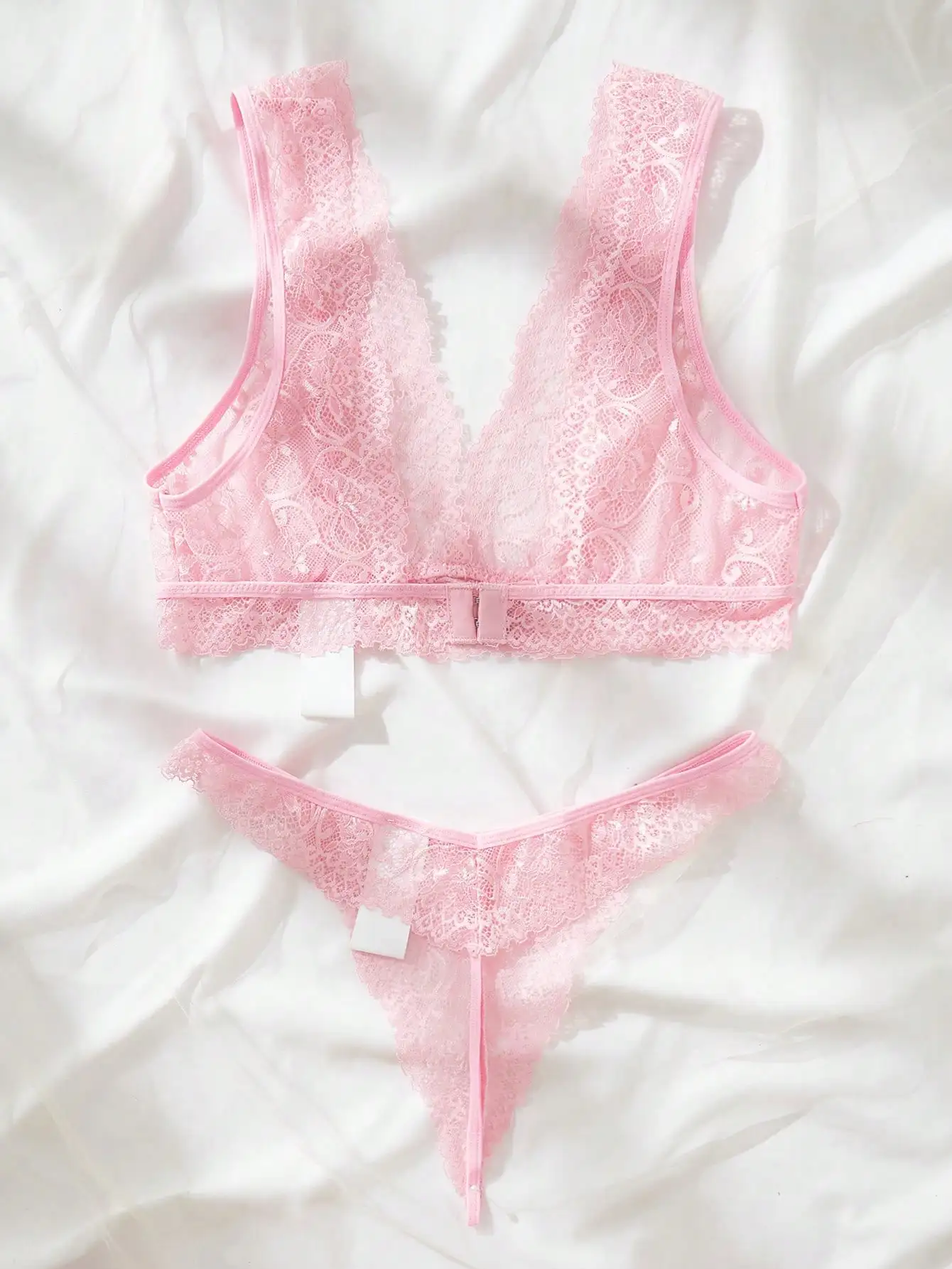 Pink Lace Lingerie Set Sheer Floral Bralette and Thong Panty for Women Bridal Date Night Romantic