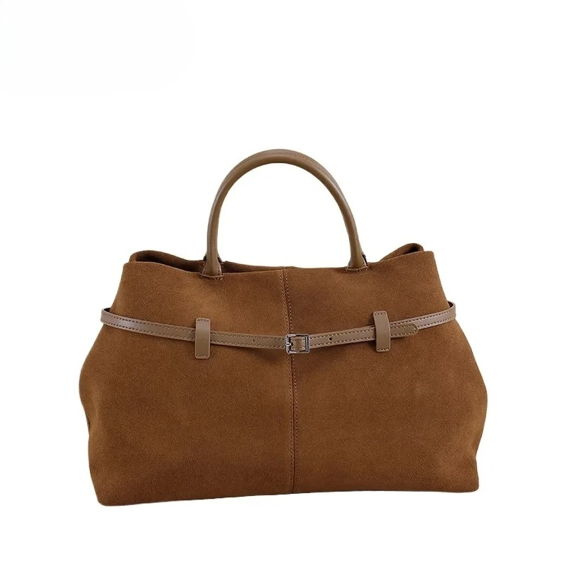 Hot Sale Russia Large Capacity Winter Travel Tote Matte Suede Cow Leather Women's Handbag Camel Coffee Color Luxury Shoulder Bag
