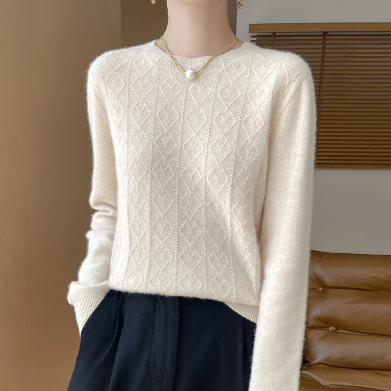 Autumn Winter 100% Wool Sweater Women Elegent O-neck Sweater Flower Long Sleeve Top Fashion Knit Female Pullover Pull Jumper