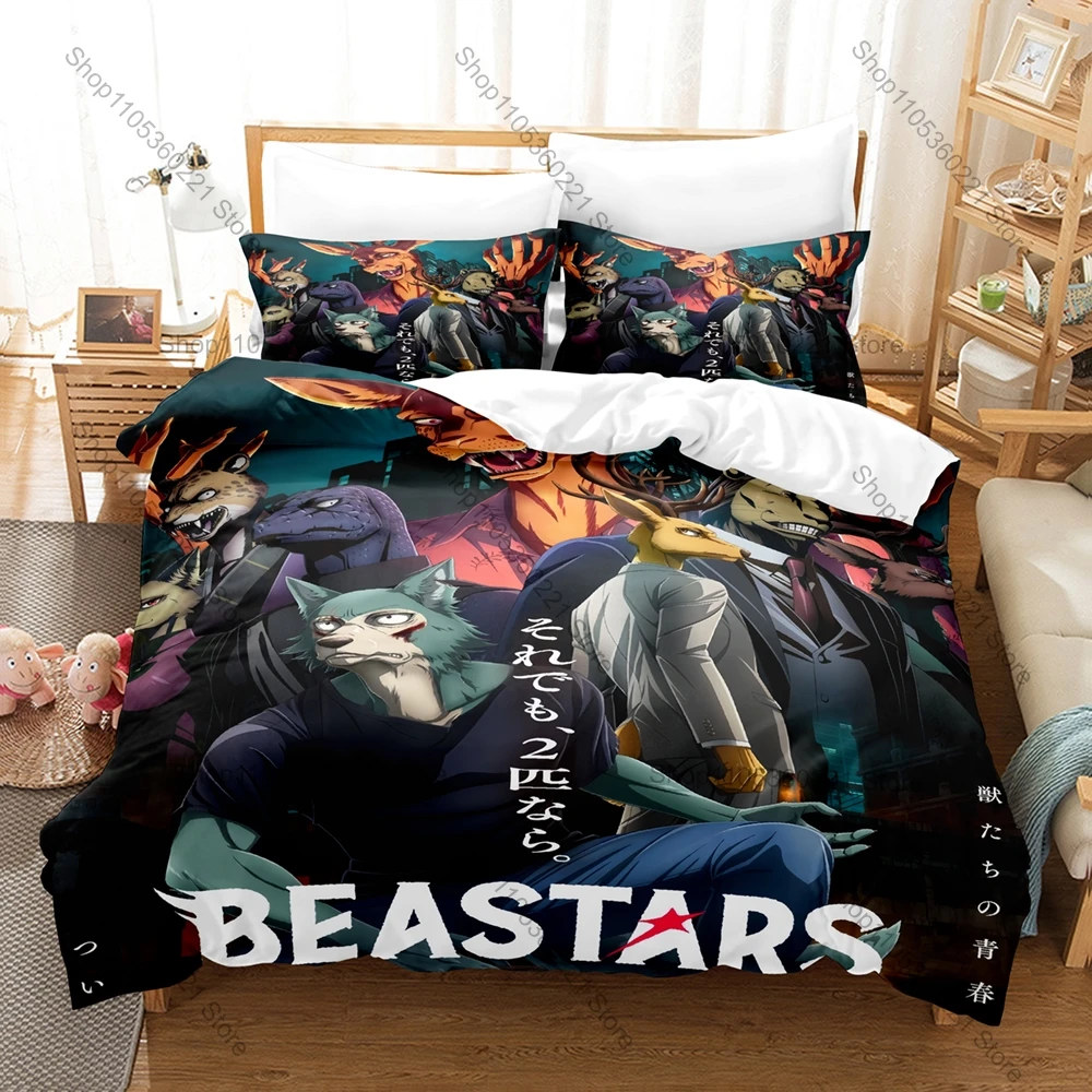 Cool Kpop Beastars 3 Pieces Duvet Cover Set Cute Cartoon Bed Set Soft Microfiber Bedding with Pillowcases for Fans Gift