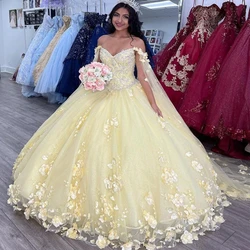 ANGELSBRIDEP Yellow 3D Flowers Quinceanera Dresses With Cape Elegant Prom Dress V-neck Corset Vestidos De 15 Anos Floor Length