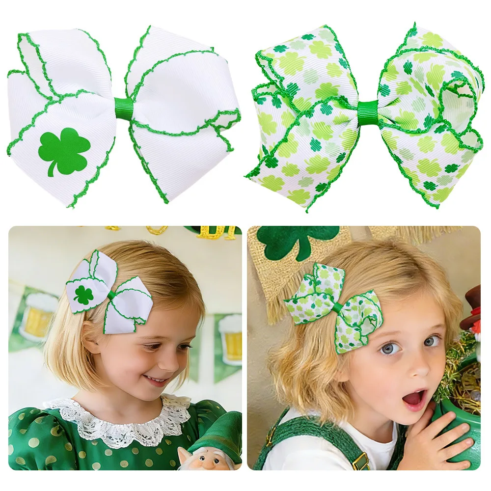 30 Pcs/Lot, 4.72” Shamrock Print Ribbon Bow Hair Clips Lucky Clover St. Patrick's Day Hair Accessories