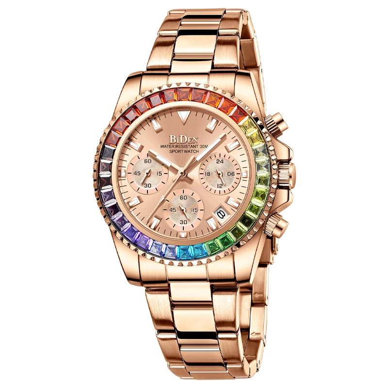 BIDENLuxury women\'s quartz watch chronograph casual business stainless steel strap night light waterproof clock Relogio Feminino