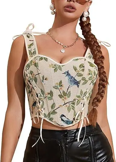 Beige Floral Pattern Spaghetti Straps Lace Up Sexy Espartilho Corset Overbust Sexy Gothic Corsets Top Vintage Corselet Feminino