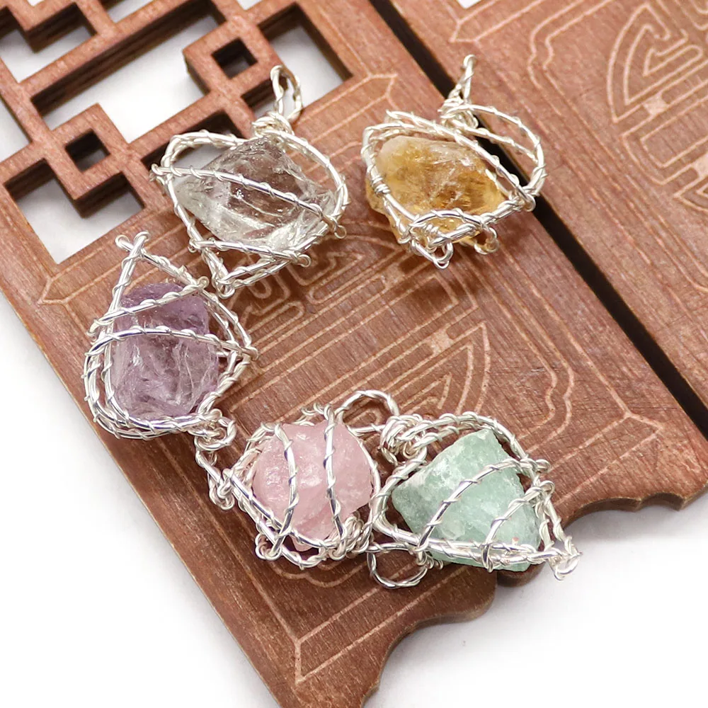 Unpolished Rough Gemstone Pendant Artisan Wire‑Woven Natural Crystal Free‑form Boho Charm for DIY Bohemian Layering Necklace