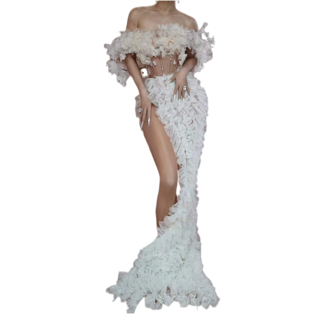

Charming Women White Ruffle Flower Pageant Stage Sexy Dress Celebrate Wedding Outfits