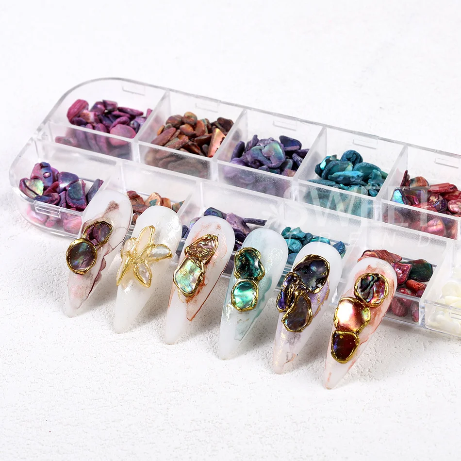 12 Gitter Nagelkunst Aurora Abalone Muschelschuppen 3D Charms Unregelmäßige Muschelfragmente Aurora Scheiben DIY Maniküre Deko Zubehör – Detail 5