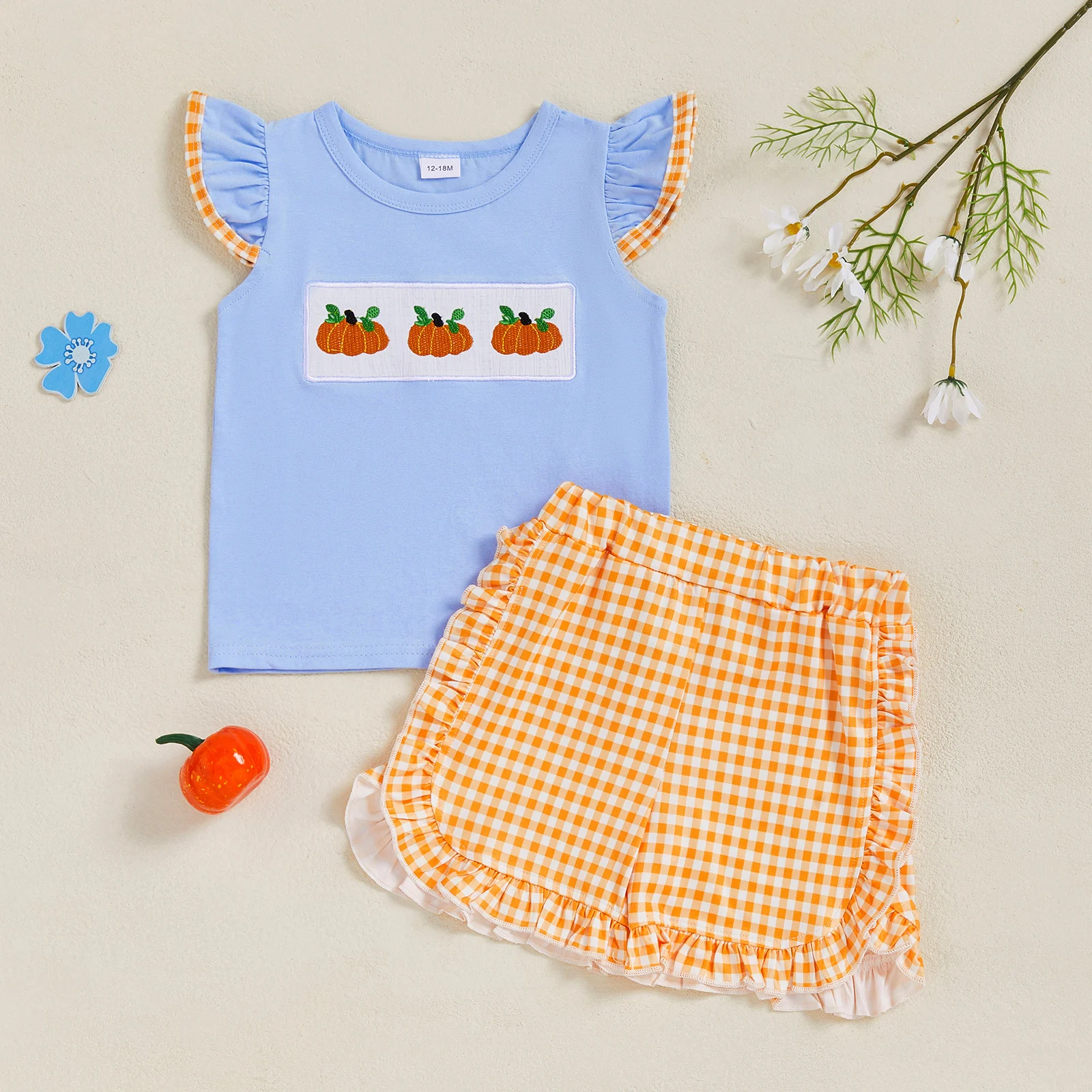 

Toddler Baby Girl Halloween Outfit Pumpkin Embroidery Flutter Sleeve T Shirt Top and Plaid Ruffle Shorts Sets