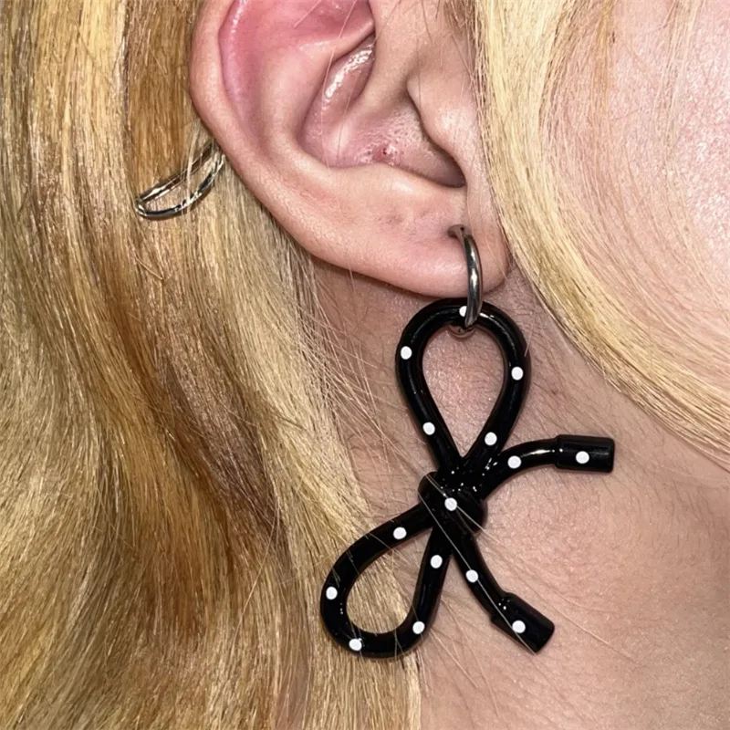 1pc New Y2k Cute Polka Dot Bow Bowknot Pendant Drop Earring Trendy Sweet Vintage Ear Stud for Women Accessories Jewelry Gift